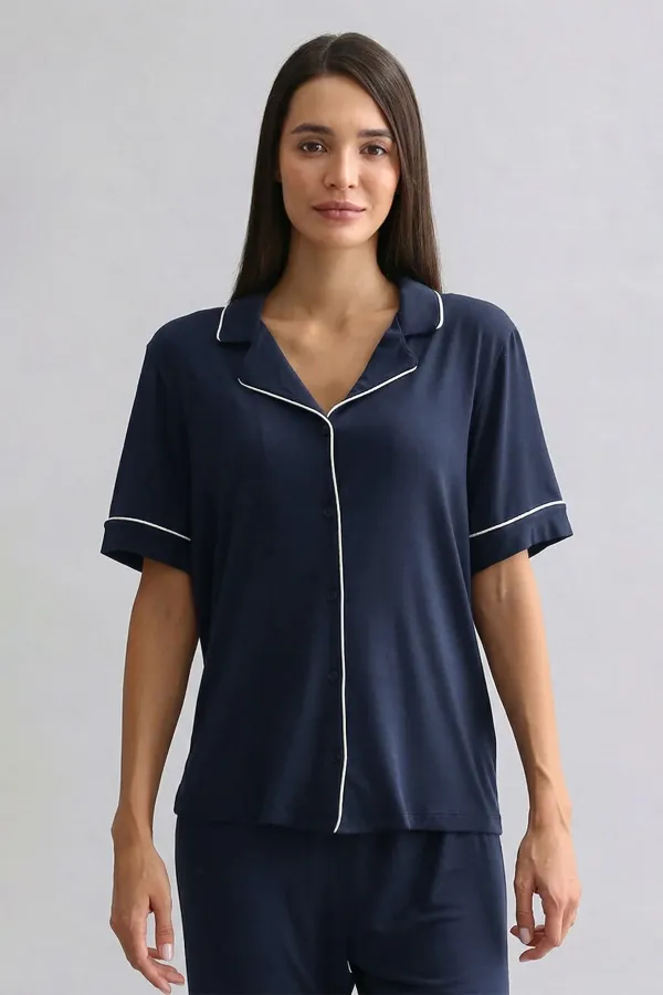 Haut de pyjama à manches courtes en bambou pour femme, bleu marine, de style égyptien