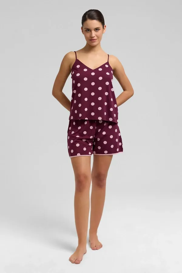 Mısırlı Kadın Modal Puantiyeli İp Askılı Şort Takımı Bordo