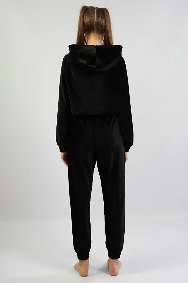 Mısırlı Kadın Kadife Uzun Kollu Pijama Takımı Siyah