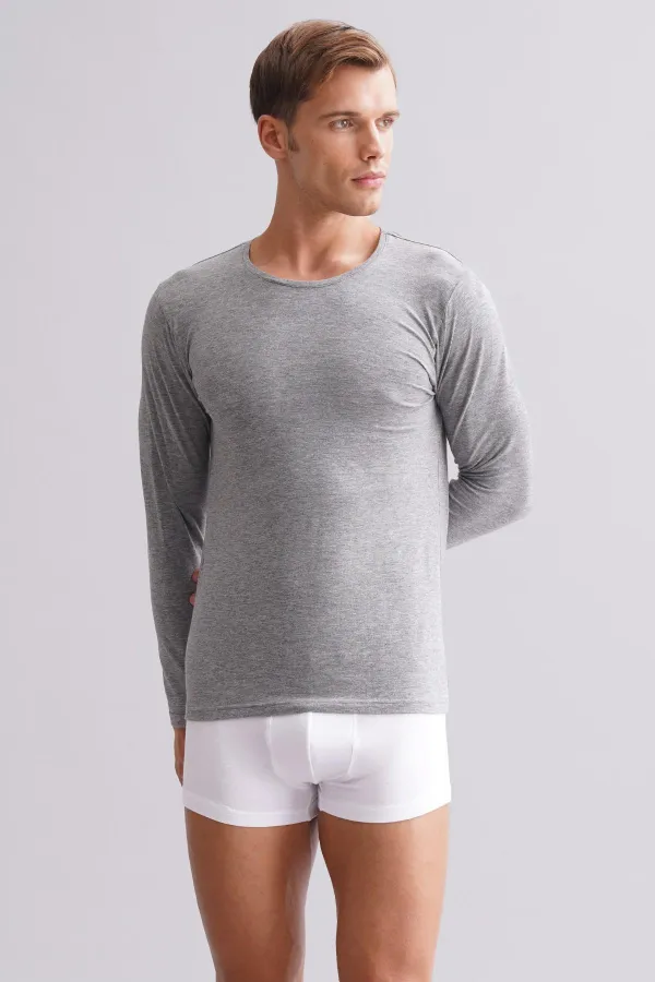 Mısırlı Modal By TENCEL HERCULES Slim Fit Bisiklet Yaka Uzun Kollu Fanila / T-Shirt Gri Melanj