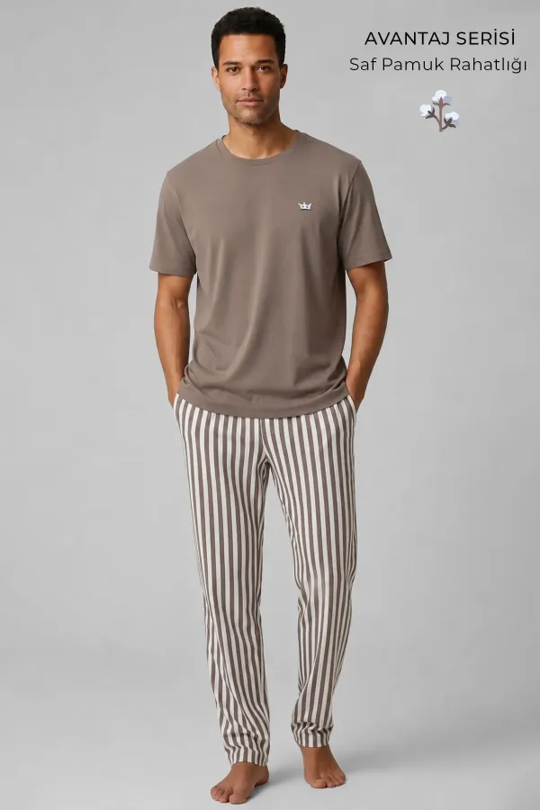 Mısırlı Erkek Pamuk Çizgili Pijama Takım Vizon