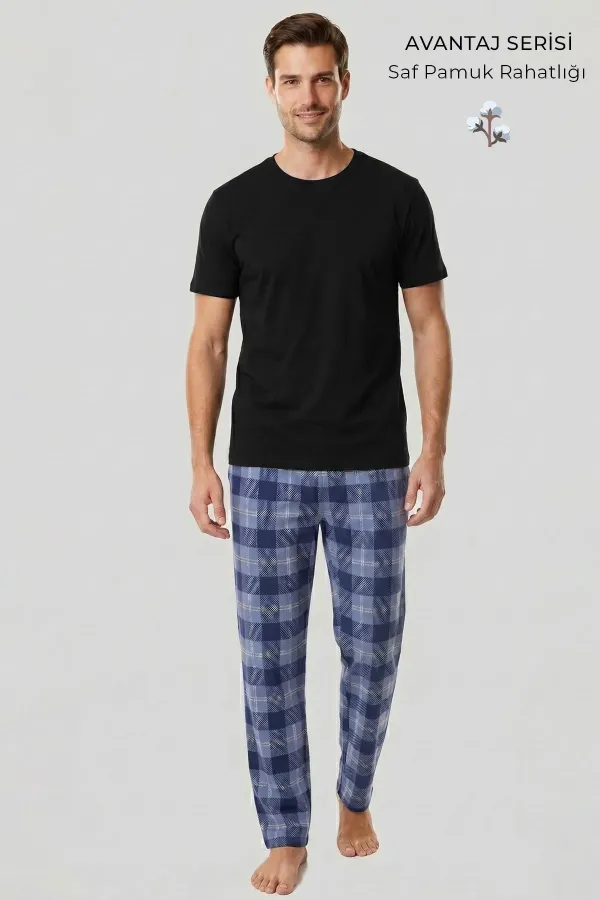 Mısırlı Erkek Pamuk Ekoseli Alt Pijama Mavi