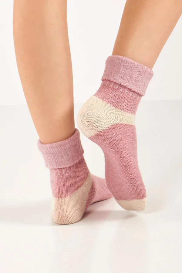 Mısırlı Kadın Alpaka Yünü Kışlık Kıvrık Tekli Soket Çorap Pembe