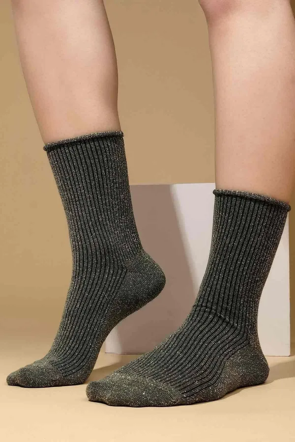 Mısırlı Kadın Bambu Simli Lastikli Soket Çorap Siyah
