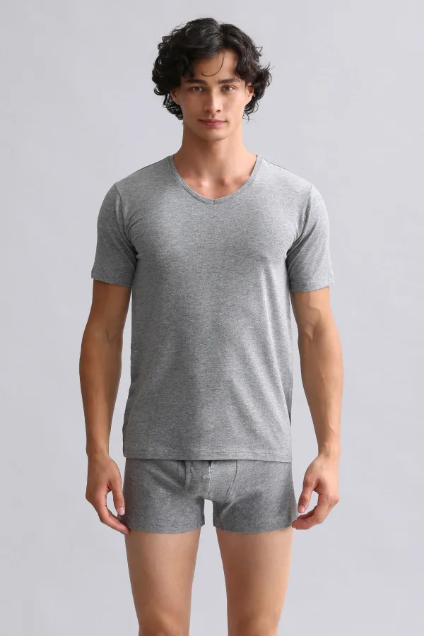 Mısırlı Modal By TENCEL HERCULES Slim Fit V Yaka Fanila / T-Shirt Gri Melanj