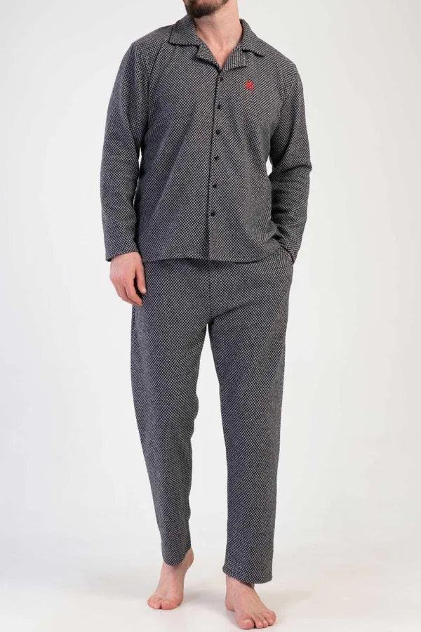 Ensemble pyjama noir à manches longues pour homme, en maille interlock à micro-motifs égyptienne.