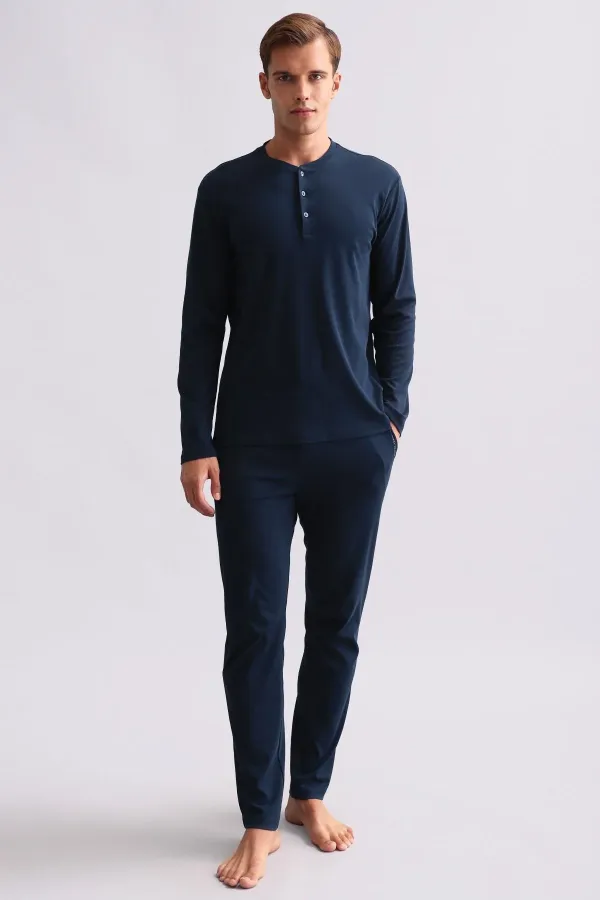 Ensemble pyjama égyptien pour homme, en coton, manches longues et chemise boutonnée, bleu marine