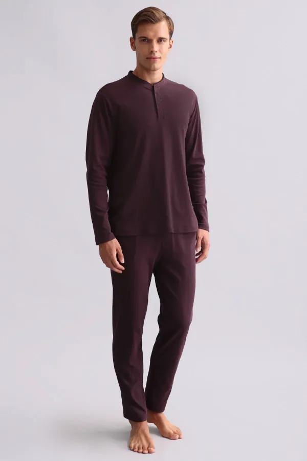 Mısırlı Men's Cotton Long-Sleeve Mandarin Collar Pajama Set Burgundy