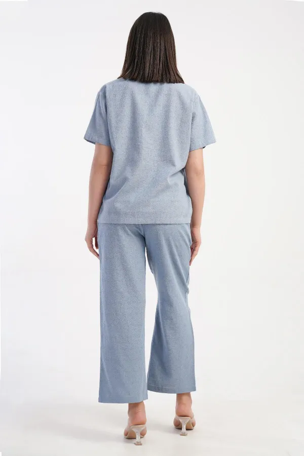 Mısırlı Kadın Pamuklu Dokuma Kısa Kollu Gömlek Takım Açık Mavi