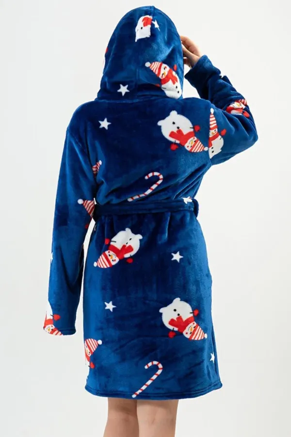 Robe de Noël en peluche bleu marine, motif femme égyptienne
