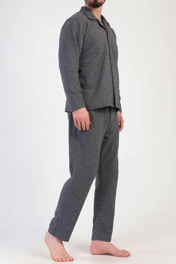 Ensemble pyjama noir à manches longues pour homme, en maille interlock à micro-motifs égyptienne.