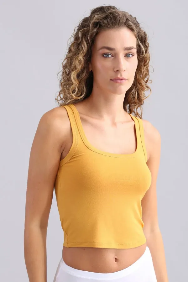 Mısırlı Modal By TENCEL U HELEN Kalın Askılı Crop / T-Shirt Hardal