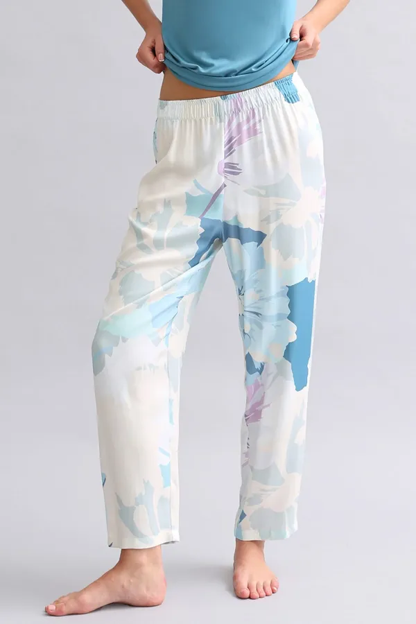 Viskon Aurora Desenli Geniş Paça Pijama Alt Lacivert