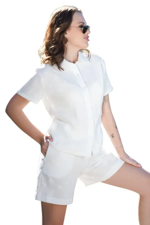 Kadın Pamuklu Kısa Kollu Şort Takımı Beyaz