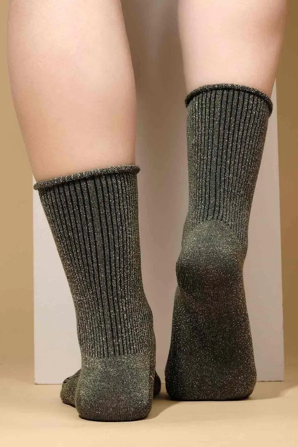 Mısırlı Kadın Bambu Simli Lastikli Soket Çorap Siyah