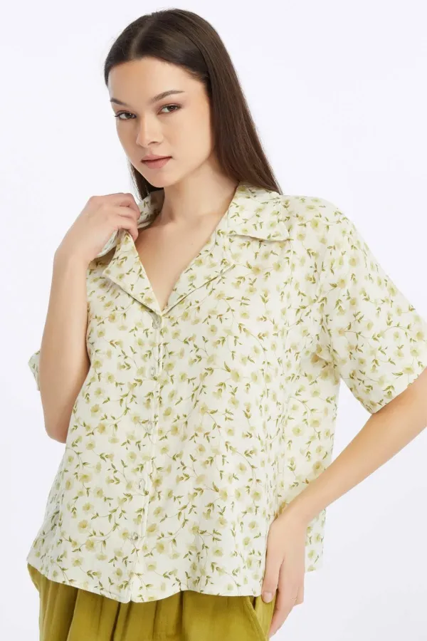 Mısırlı MÜSLİN Pamuklu Çiçekli Gömlek Yeşil