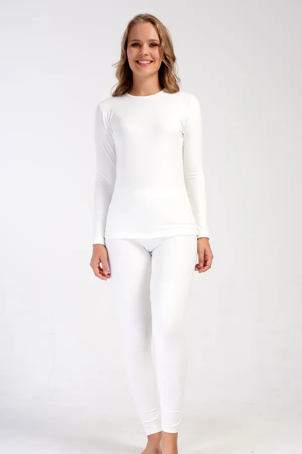 Ensemble débardeur à manches longues et col rond pour femme, écru