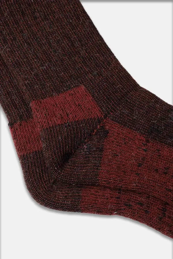 Mısırlı Unisex Alpaka Yünü Havlu Kışlık Soket Çorap Kahverengi/Kırmızı