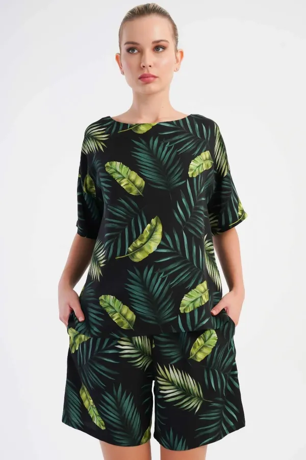Mısırlı Kadın Viskon Desenli Şort Takım Yeşil
