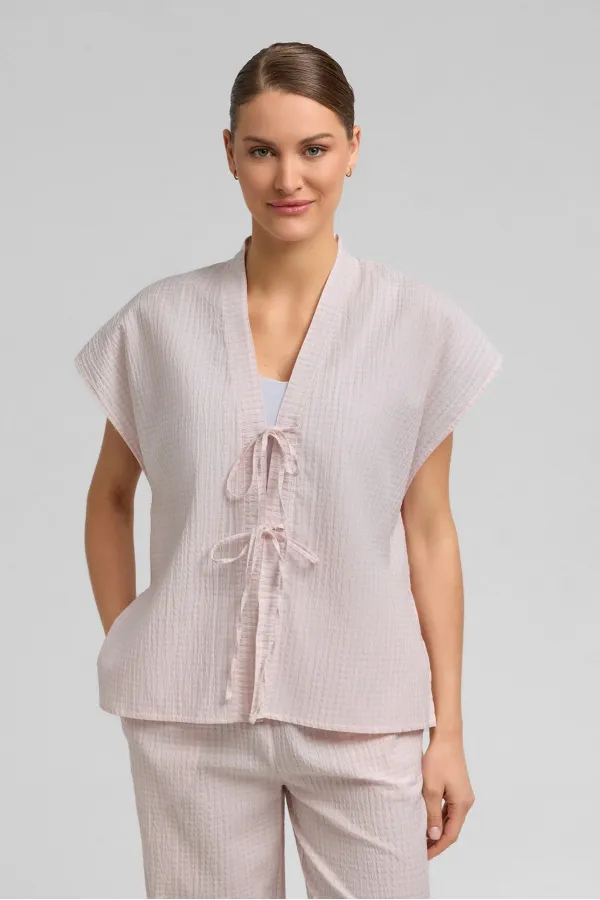 Mısırlı Kadın Pamuk Ekoseli Bağlamalı Gömlek Açık Pembe