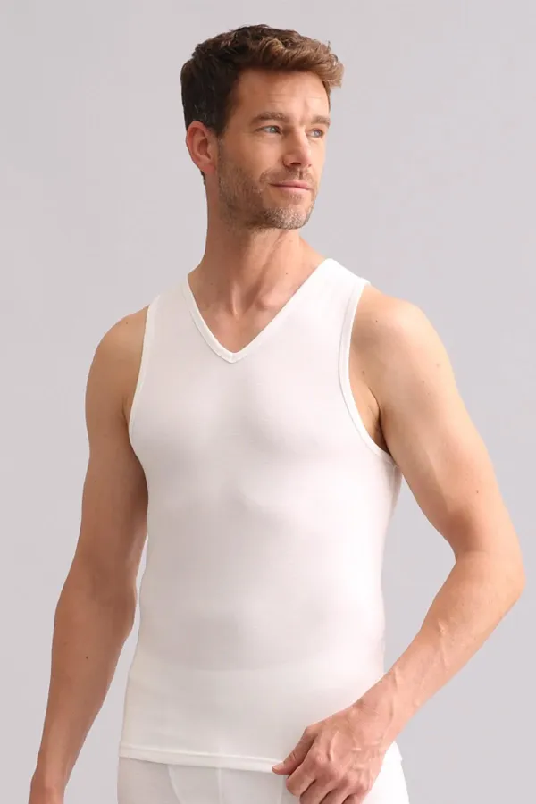 Débardeur/T-shirt de sport thermique en bambou égyptien à col en V, écru