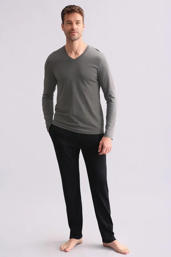 Ensemble pyjama homme égyptien en modal et coton mélangés, manches longues, col en V, gris chiné