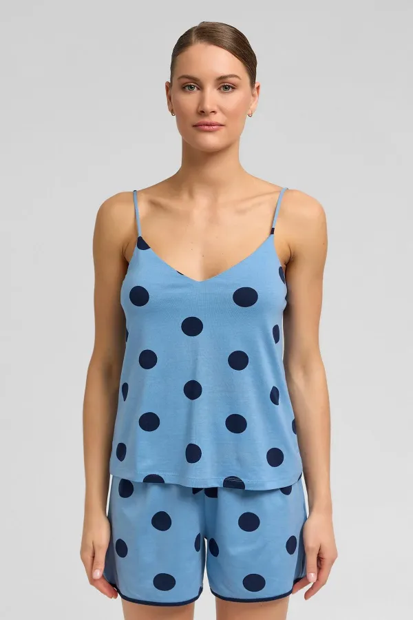 Haut de pyjama à bretelles en modal à pois pour femme, bleu ciel