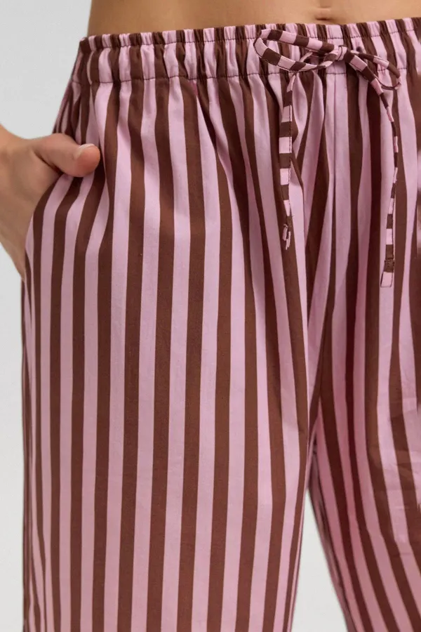 Pantalon de pyjama rayé en popeline de coton pour femme, marron et rose, style égyptien.