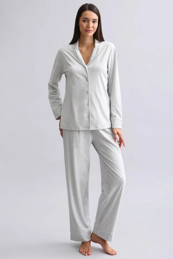Mısırlı Kadın %100 Pamuk Pijama Takımı Gri Melanj
