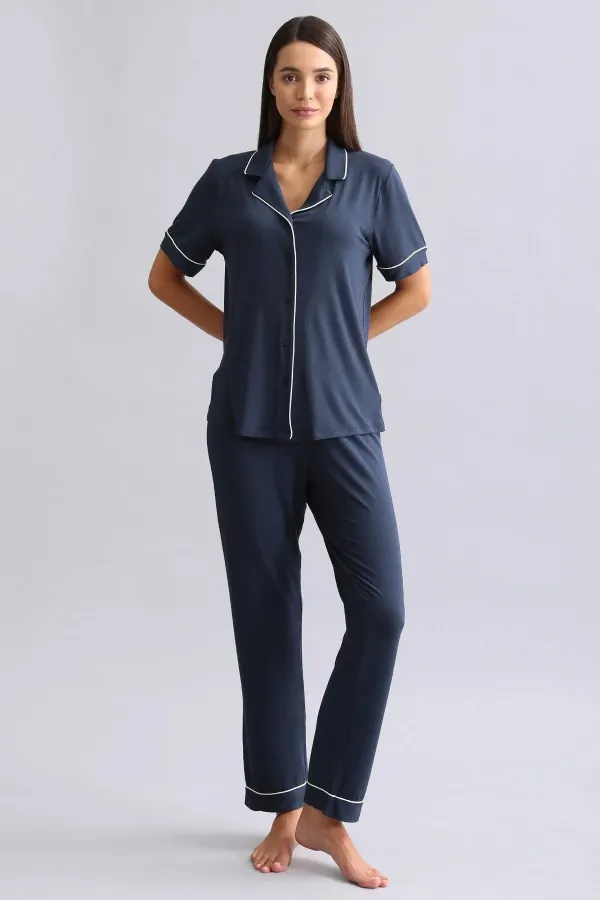 Chemise égyptienne à manches courtes en modal, bleu marine