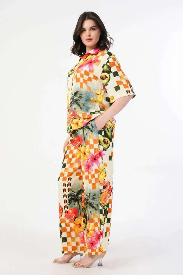 Mısırlı Kadın Viskon Kısa Kollu Gömlek Takım Çok Renkli