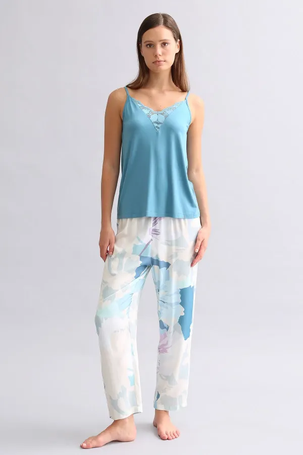 Viskon Aurora Desenli Geniş Paça Pijama Alt Lacivert