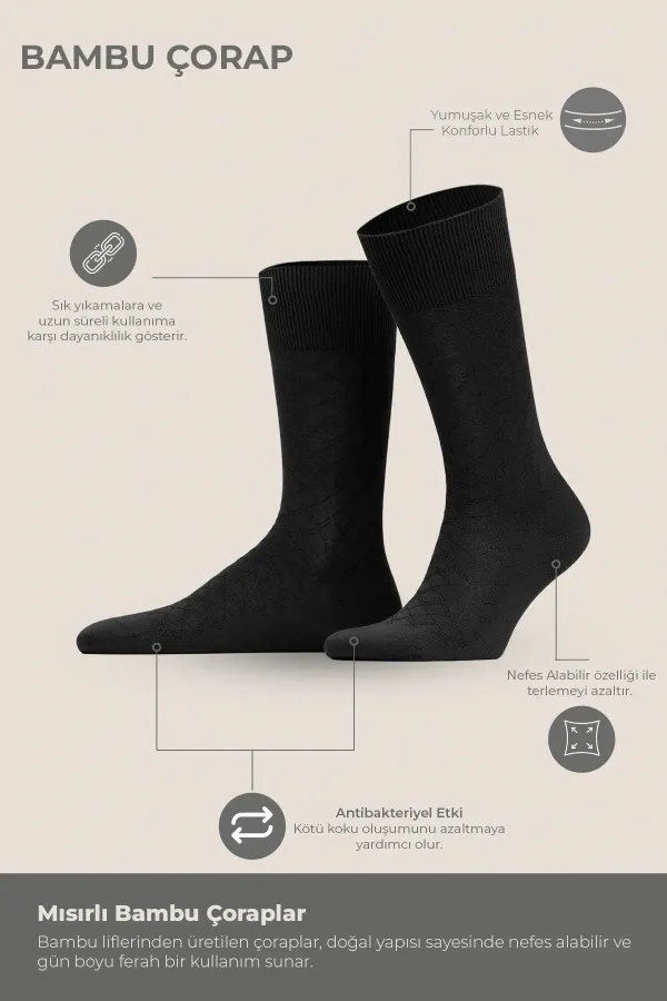 Chaussettes fines en bambou pour homme, motif losanges, lot de 6 paires, noires