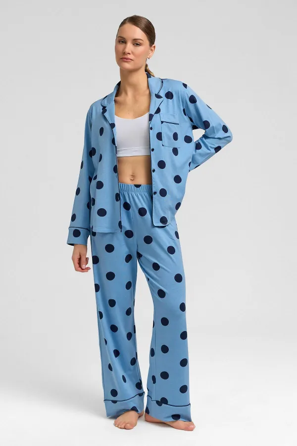 Mısırlı Kadın Modal Örme Puantiyeli Pijama Alt / Pantolon Bebe Mavisi