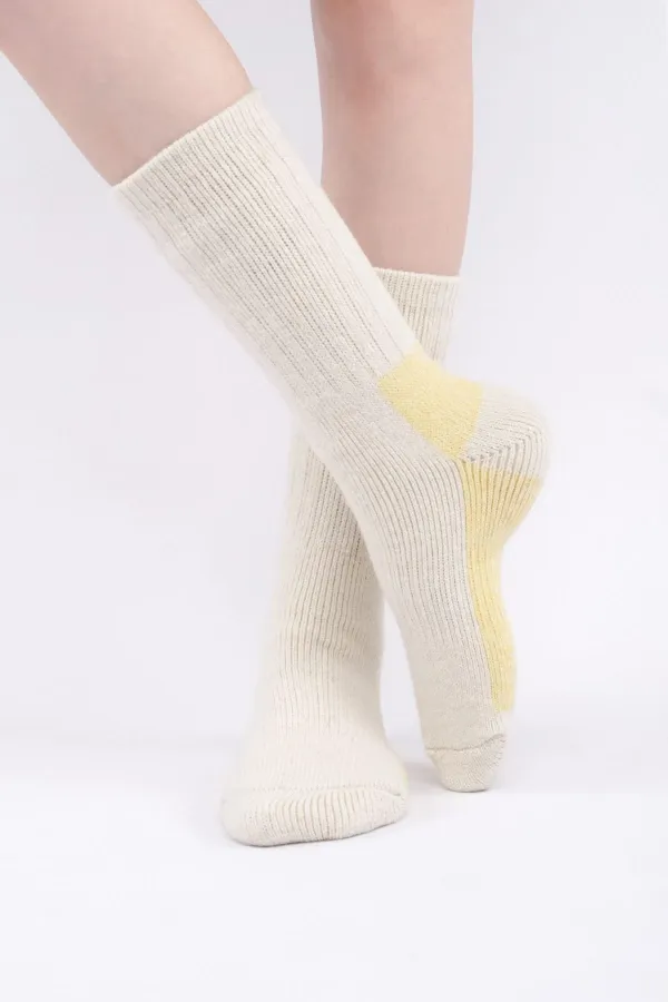 Mısırlı Unisex Alpaka Yünü Havlu Kışlık Soket Çorap Ekru/Sarı
