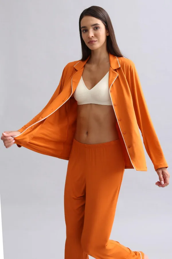 Mısırlı Kadın Modal Uzun Kollu Gömlek Pas Kırmızı