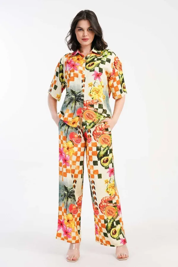 Mısırlı Kadın Viskon Kısa Kollu Gömlek Takım Çok Renkli