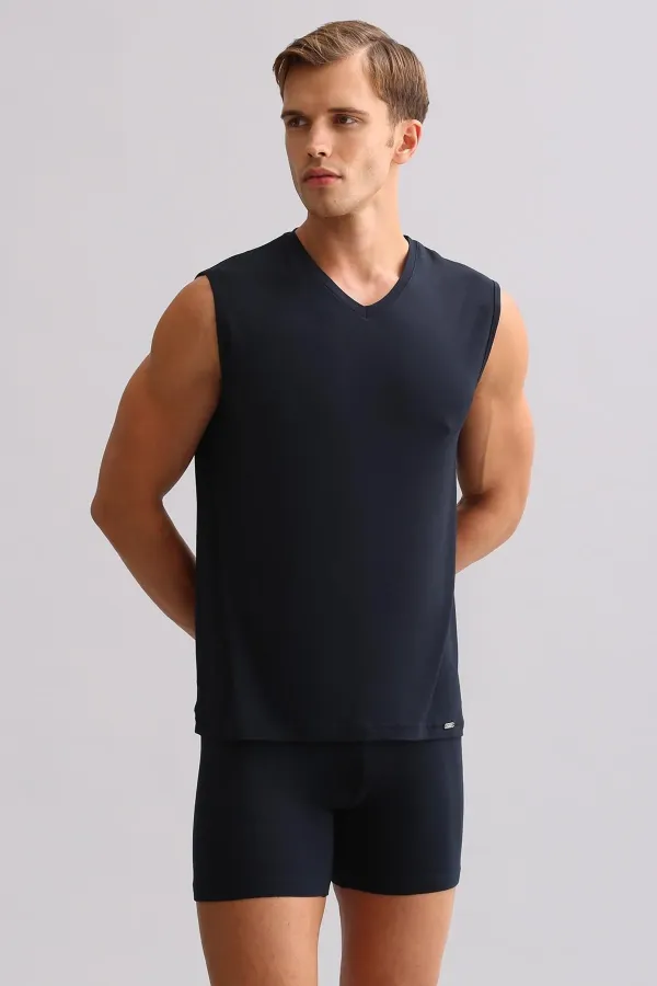 Mısırlı BAMBOO ZEUS LUXURY Regular Fit V-Neck Athletic Tank Top/T-Shirt Navy Blue