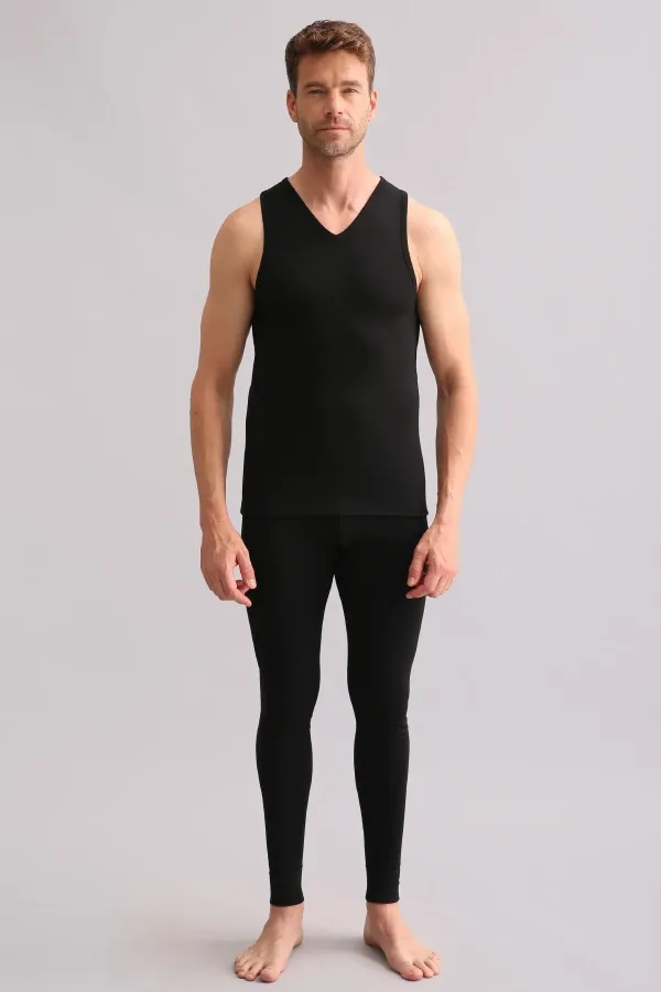Débardeur/T-shirt de sport thermique en bambou égyptien à col en V noir