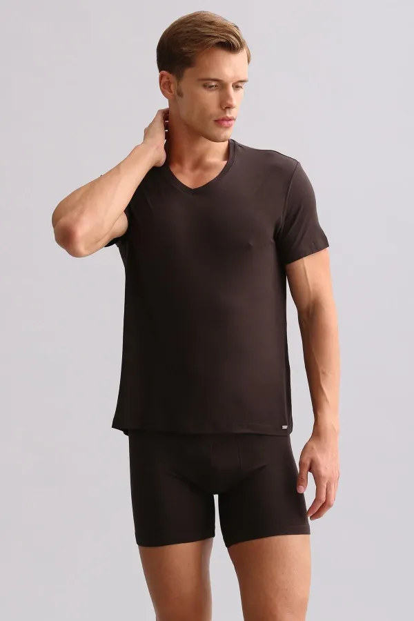 Mısırlı BAMBU ZEUS LUXURY Regular Fit V Yaka Fanila / T-Shirt Kahverengi