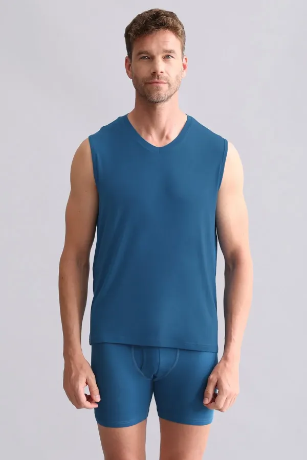 Débardeur/T-shirt de sport à col en V, coupe classique, en bambou égyptien ZEUS, bleu pétrole