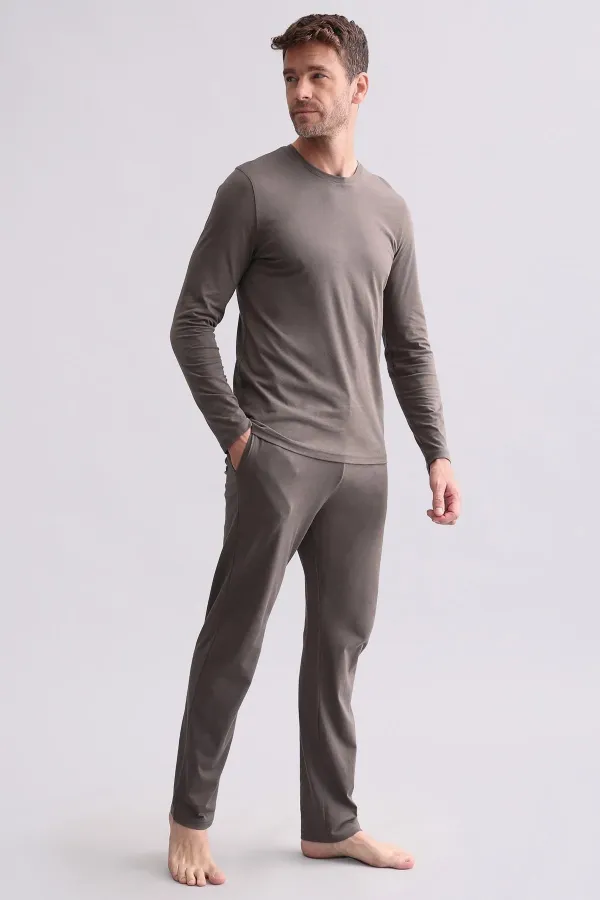 Ensemble pyjama à manches longues pour homme, en mélange modal et coton, marron, d'origine égyptienne