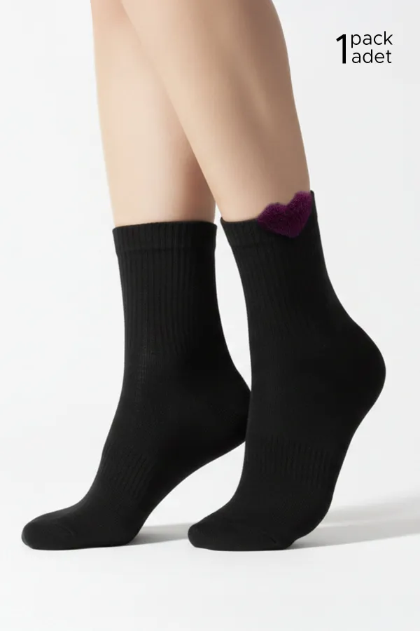 Kadın Pamuklu Kalpli 4 Çift Kısa Konç Çorap Siyah