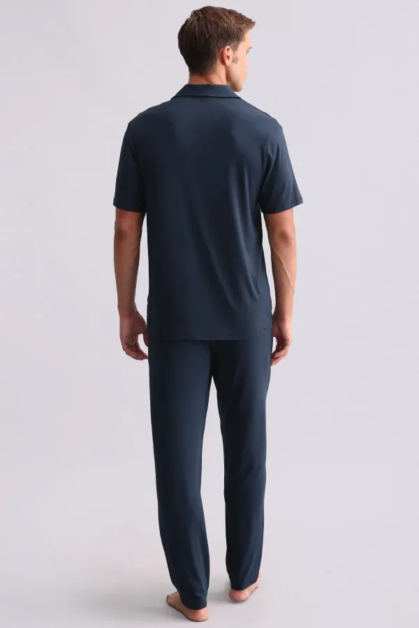 Chemise égyptienne pour homme en modal à manches courtes, bleu marine