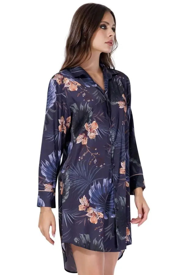 Mısırlı Kadın SATEN Uzun Kollu Gömlek Lacivert