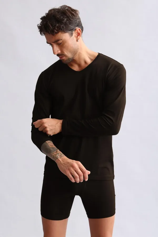 Débardeur/T-shirt à manches longues et col en V, coupe ajustée, en modal égyptien TENCEL HERCULES, marron