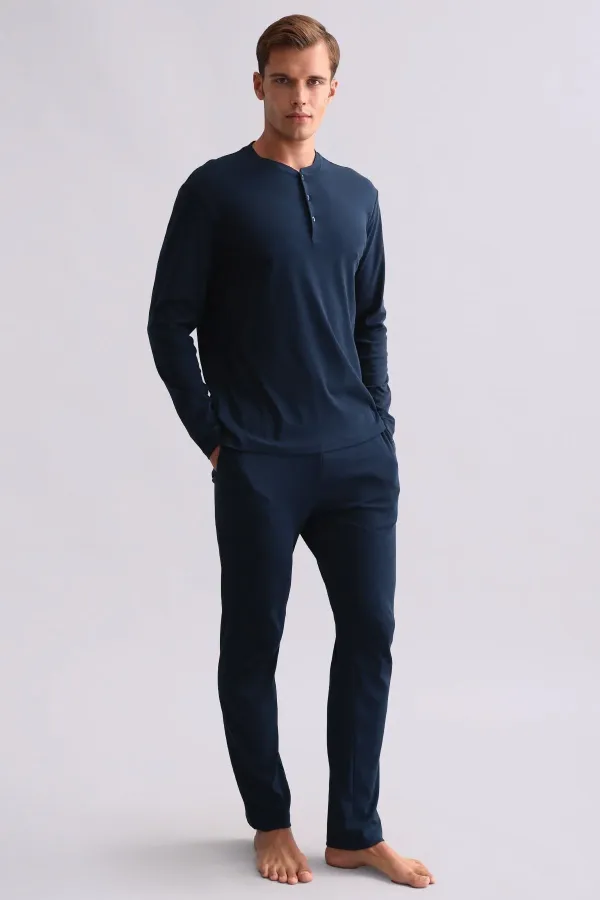 Ensemble pyjama égyptien pour homme, en coton, manches longues et chemise boutonnée, bleu marine