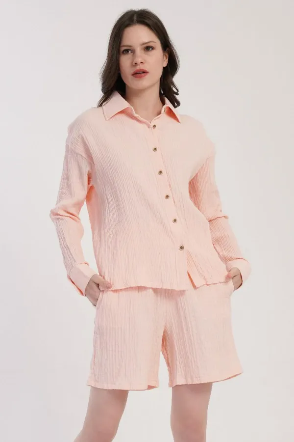 Mısırlı MÜSLİN Uzun Kol Şort Takımı Pembe