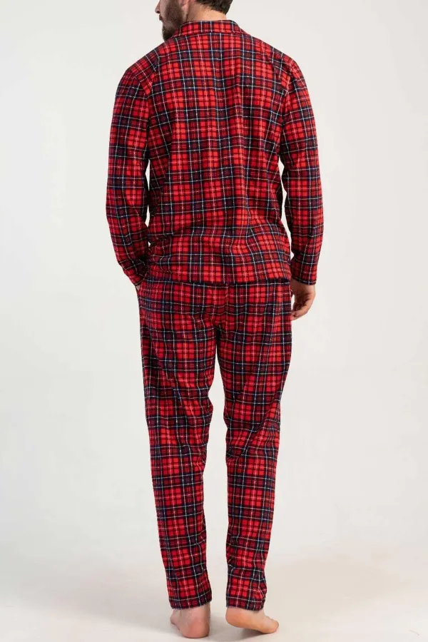 Ensemble pyjama rouge à carreaux en coton égyptien pour homme, chemise à manches longues