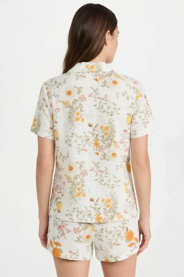 Ensemble chemise et short en coton à motif floral pour femme, écru